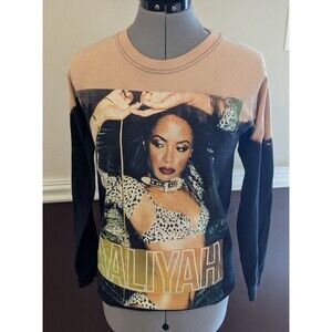 Women's Long Sleeve Black Aaliyah tee acid‎ wash Size S 90s Y2K throwback